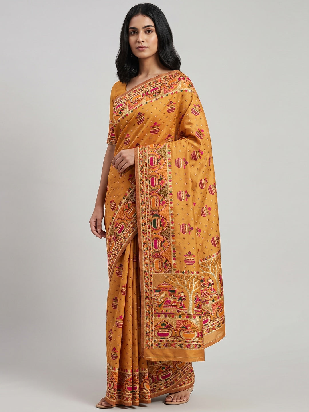 Mustard Madhubani Inspired Weaving Pashmina Silk Saree Perfect for Refined Festive - Image 1