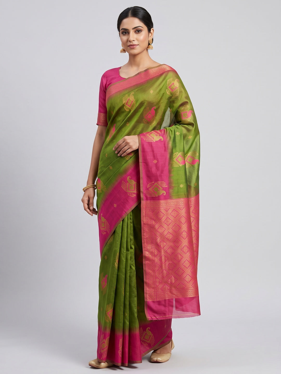 Green & Pink Classic Tissue Silk Saree with Zari Weaving - Image 1