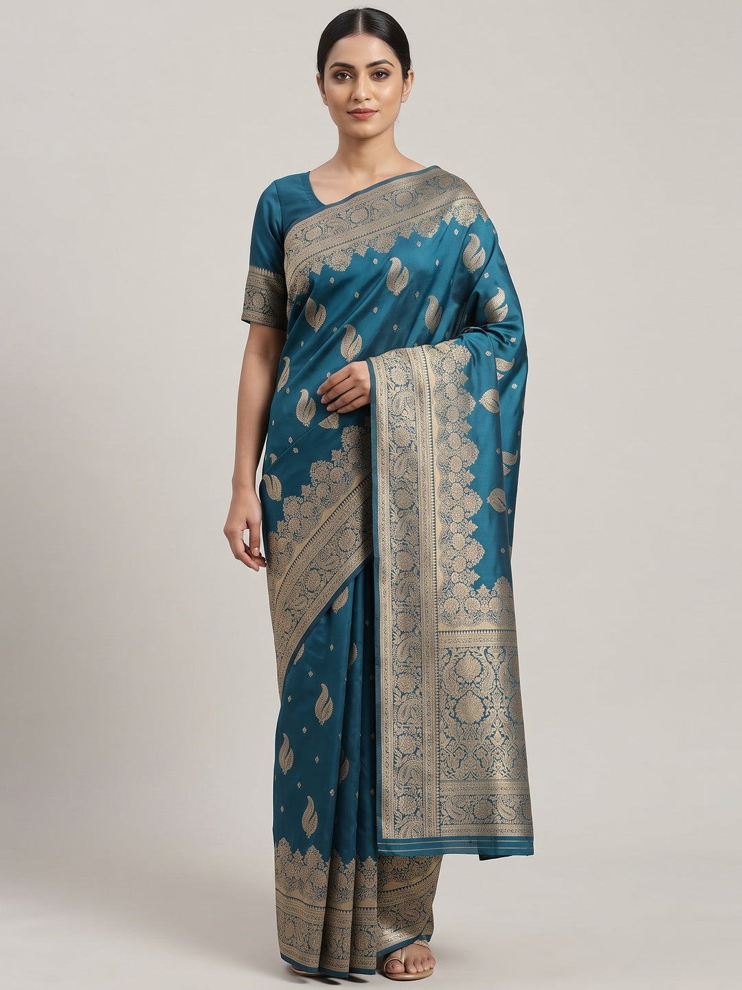 Teal Pure Banarasi Silk Saree Adorned with Exquisite Floral Zari Weaving - Image 1