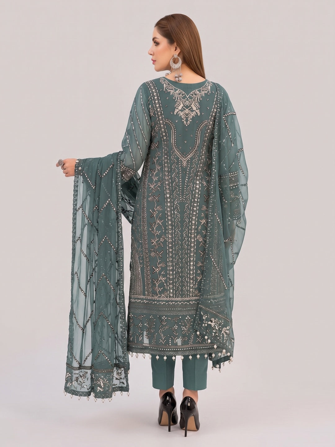 Green Floral Embroidered Georgette Semi Stitched Pakistani Suit - Image 2