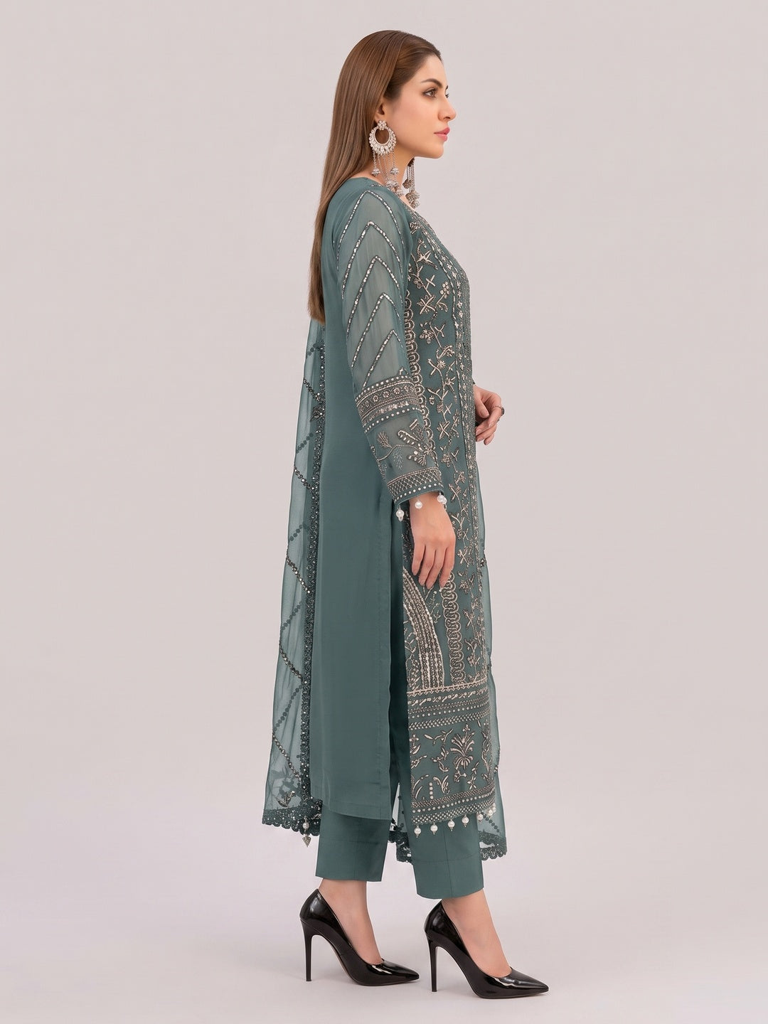 Green Floral Embroidered Georgette Semi Stitched Pakistani Suit - Image 3