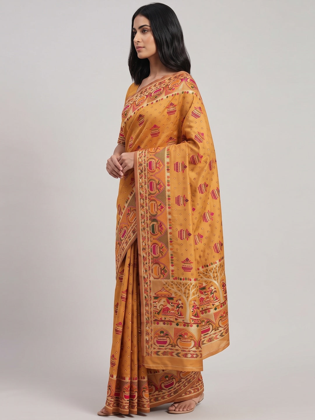Mustard Madhubani Inspired Weaving Pashmina Silk Saree Perfect for Refined Festive - Image 3