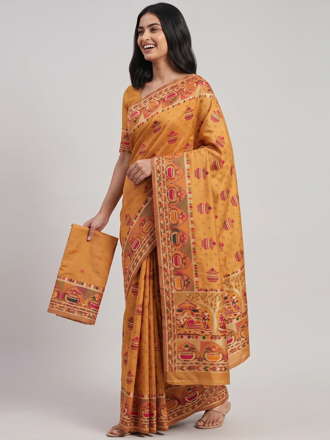 Mustard Madhubani Inspired Weaving Pashmina Silk Saree Perfect for Refined Festive - Image 4