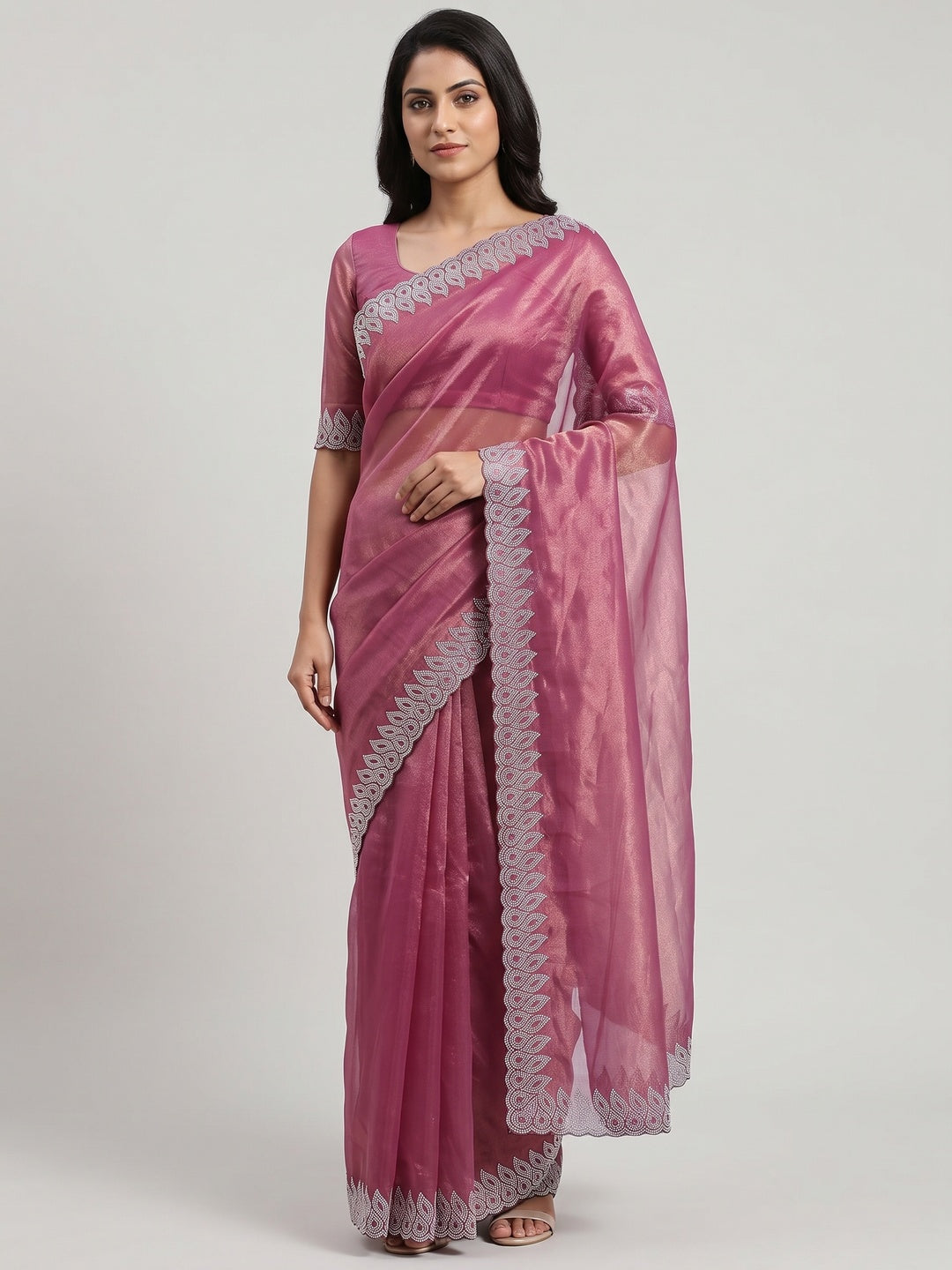 Pink Stone Work Embroidered Twill Gold Net Saree - Image 1