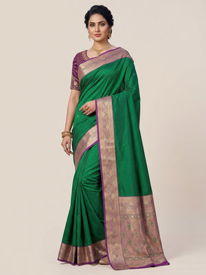 Green Pure Silk Saree with Detailed Woven Border and Ready to Wear Stitched Blouse - Image 2