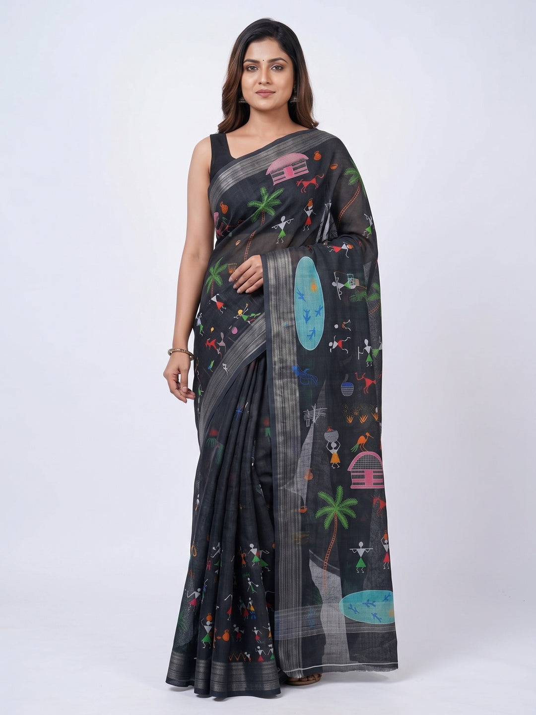 Black Digital Printed Linen Saree - Image 5