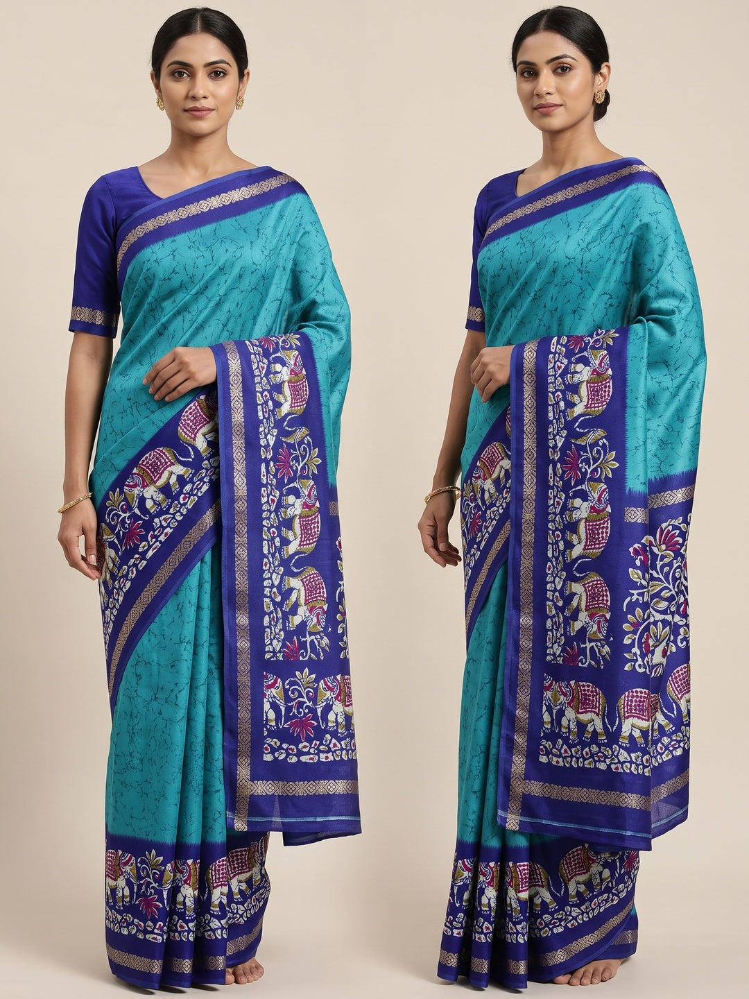 Turquoise Dola Silk Saree With Abstract Patterns And Kalamkari Pallu Art - Image 1