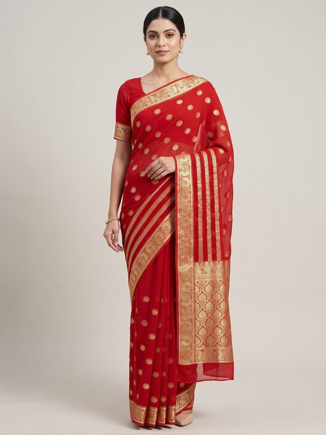 Red Zari Weaving Georgette Saree - Image 1