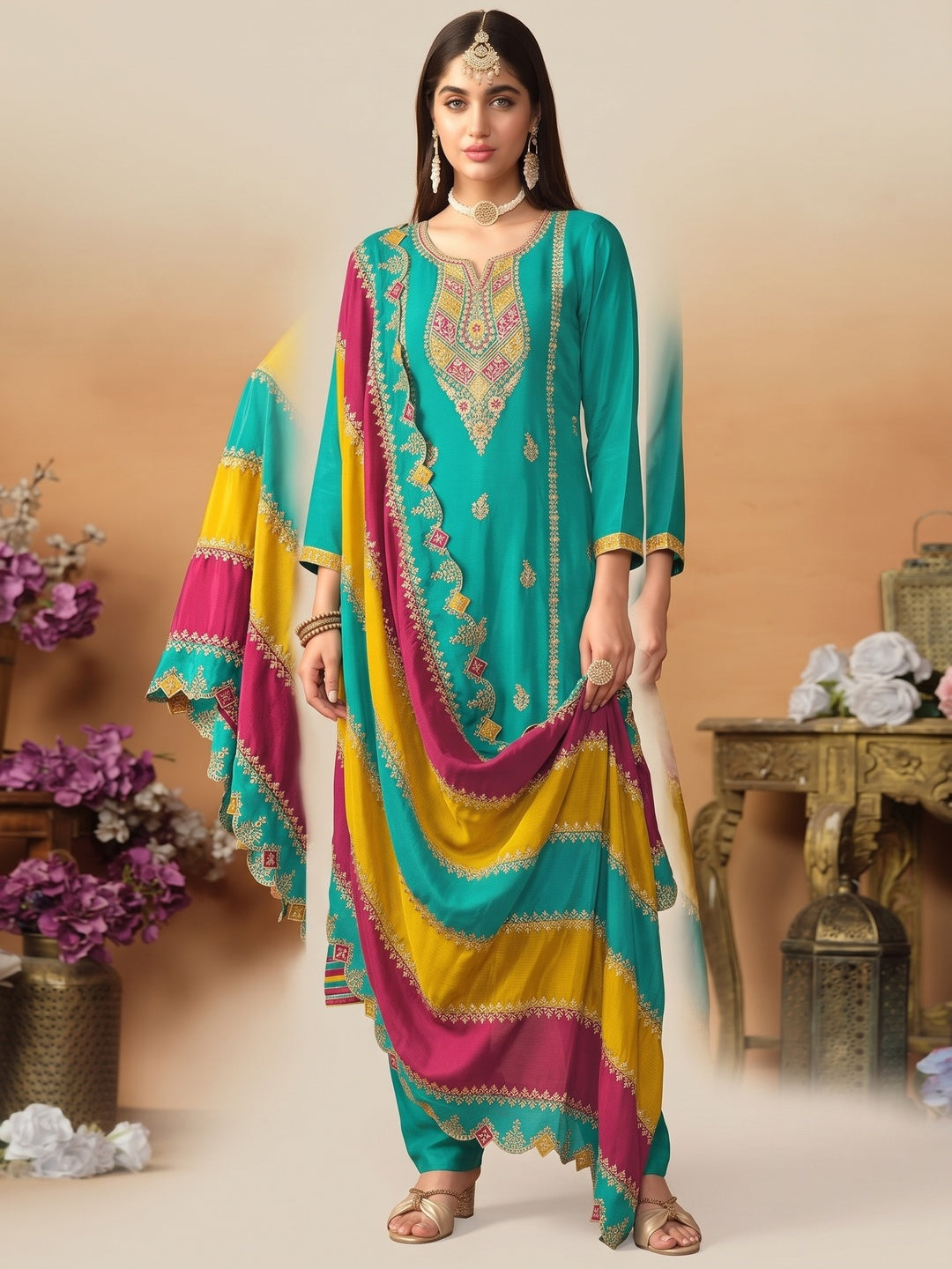 Rama Blue Floral Sequins Embroidered Chinon Silk Semi Stitched Salwar Suit - Image 2