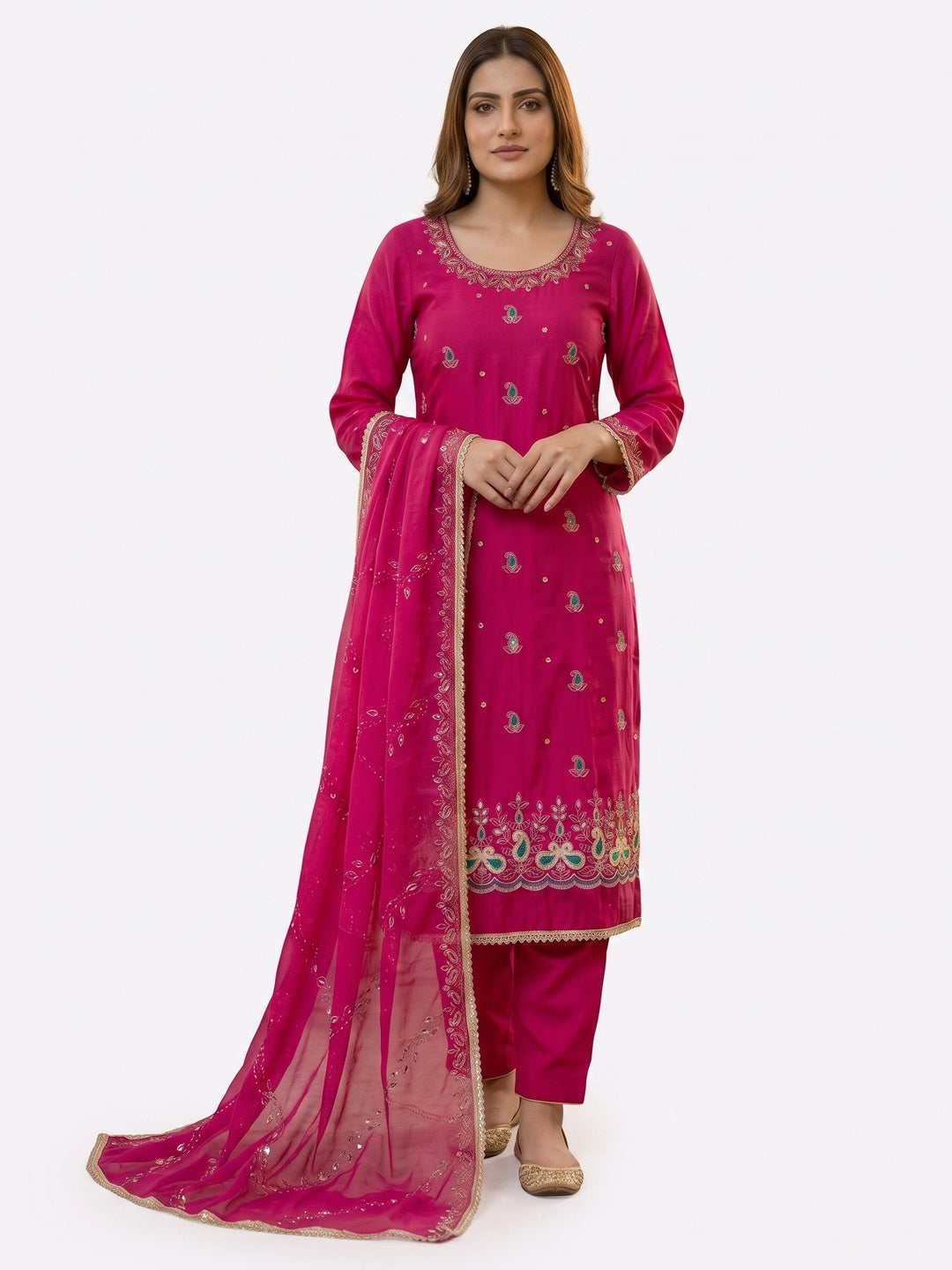 Graceful Pink Embroidered Cotton Silk Dress Material With Beads & Mirror Handwork - Image 2