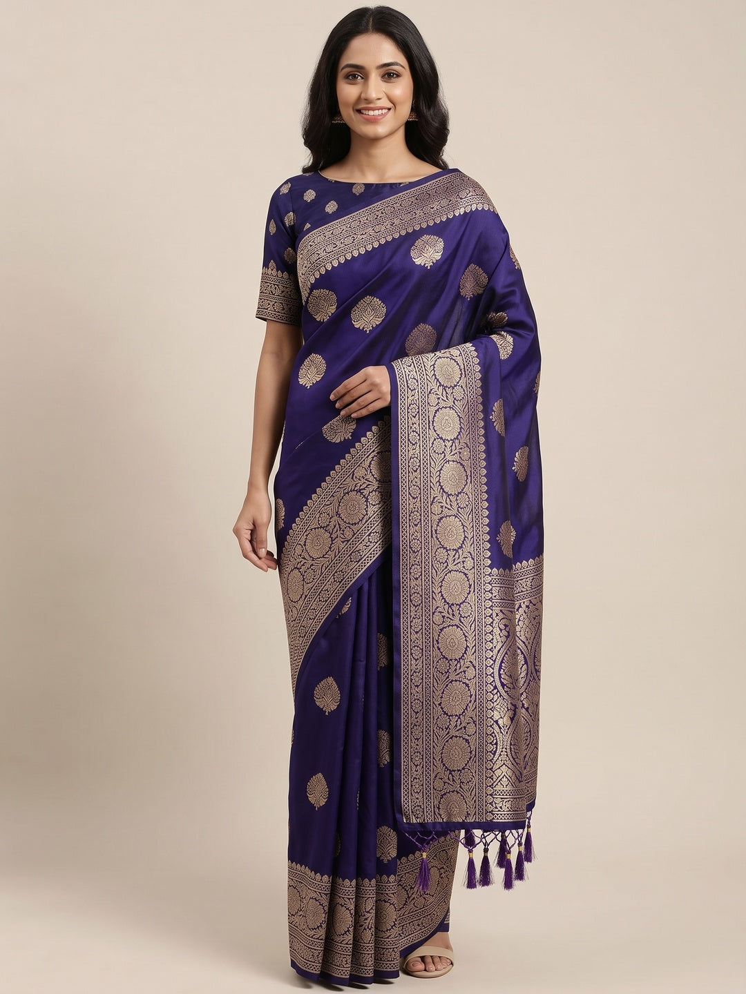 Navy Blue Pure Banarasi Silk Saree Adorned with Intricate Zari Butti Woven Detailing - Image 1