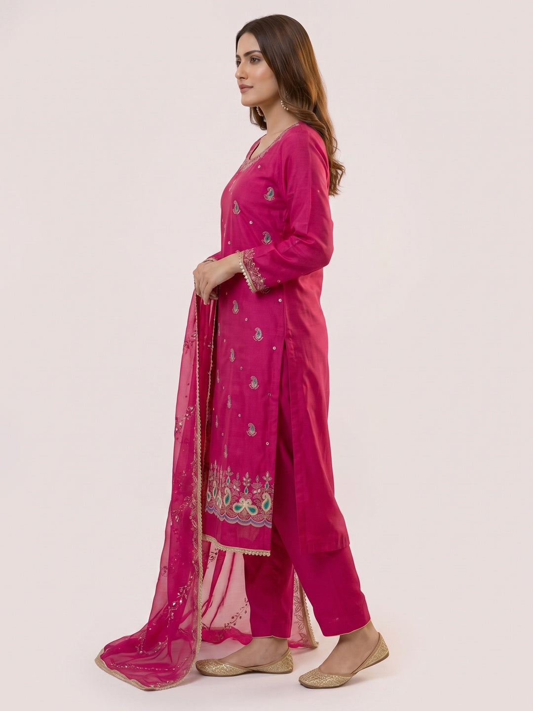 Graceful Pink Embroidered Cotton Silk Dress Material With Beads & Mirror Handwork - Image 3