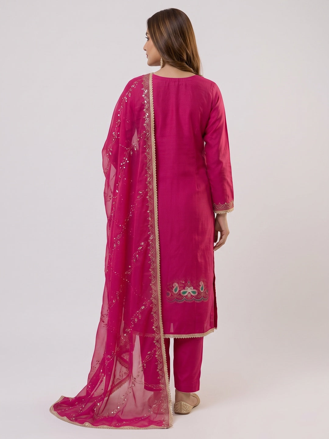 Graceful Pink Embroidered Cotton Silk Dress Material With Beads & Mirror Handwork - Image 4