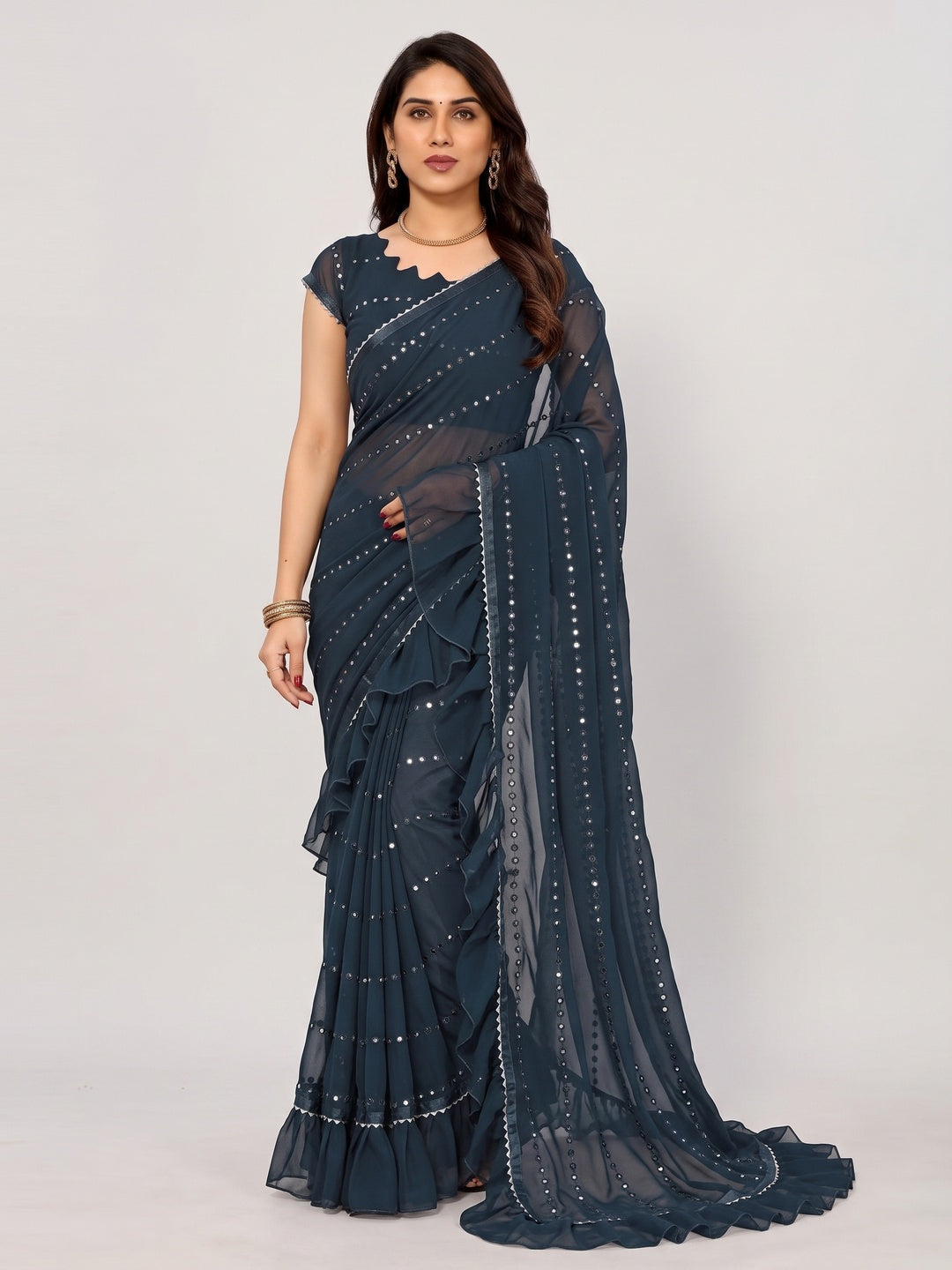 Blue Mirror Work Embroidered Georgette Saree With Ruffle Border - Image 1