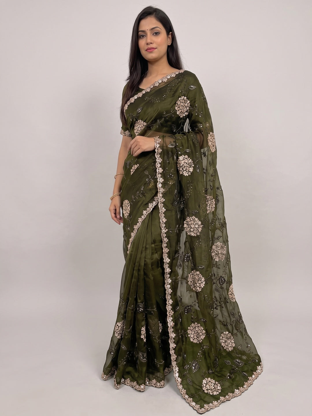 Green Sequins Embroidered Chiffon Saree - Image 1