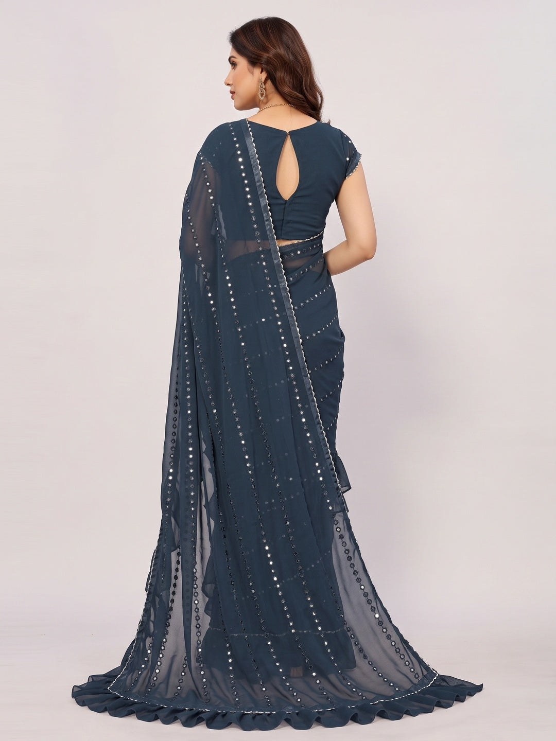 Blue Mirror Work Embroidered Georgette Saree With Ruffle Border - Image 3