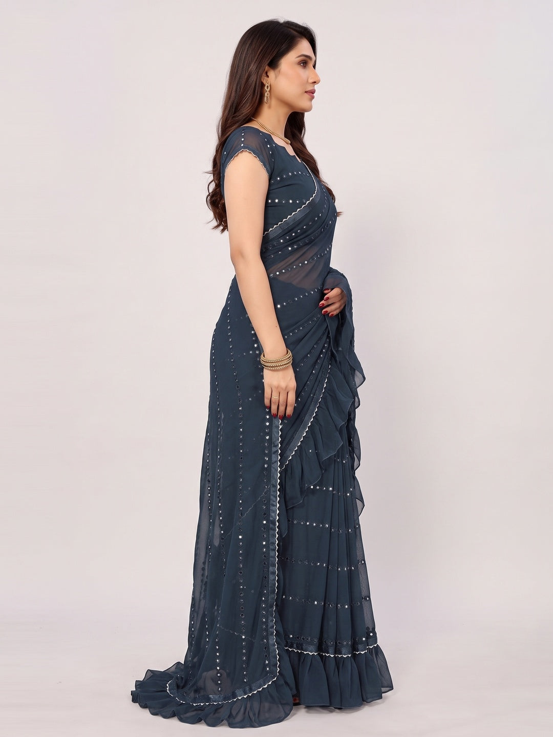 Blue Mirror Work Embroidered Georgette Saree With Ruffle Border - Image 4