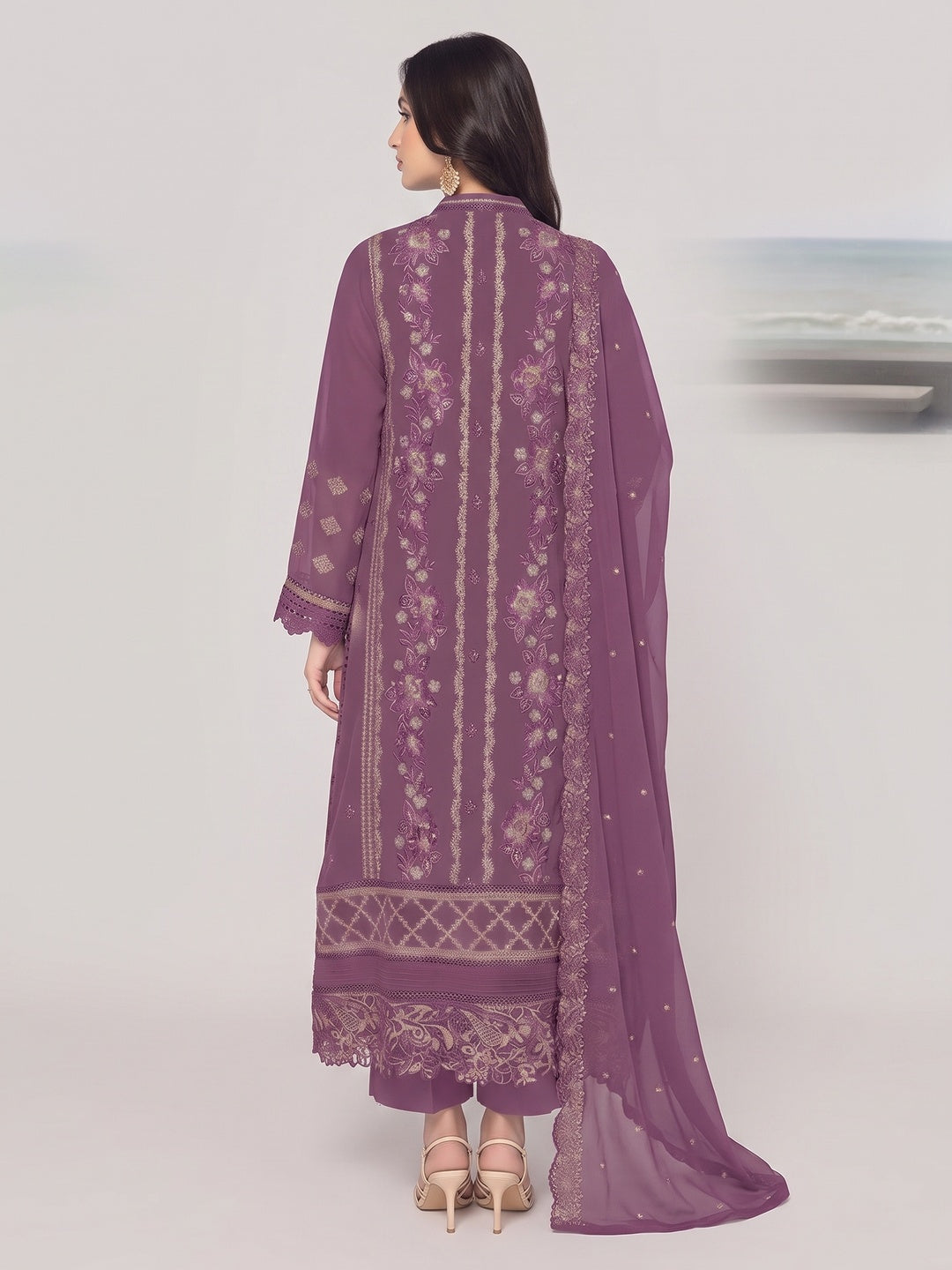 Dark Mauve Floral Embroidered Georgette Semi Stitched Pakistani Suit - Image 3