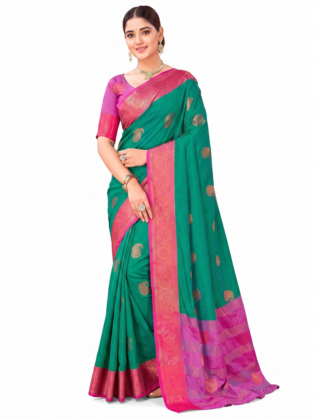 Teal Green Silk Blend Saree Adorned With Zari Woven Floral & Paisley Design - Image 1
