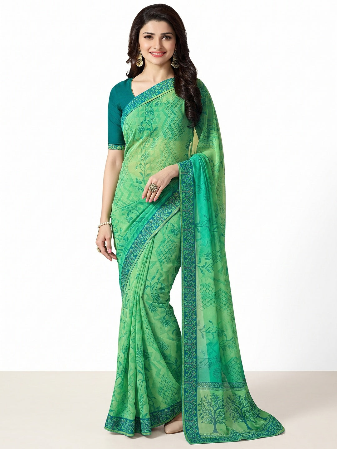 Green Floral Printed Georgette Saree - Image 2