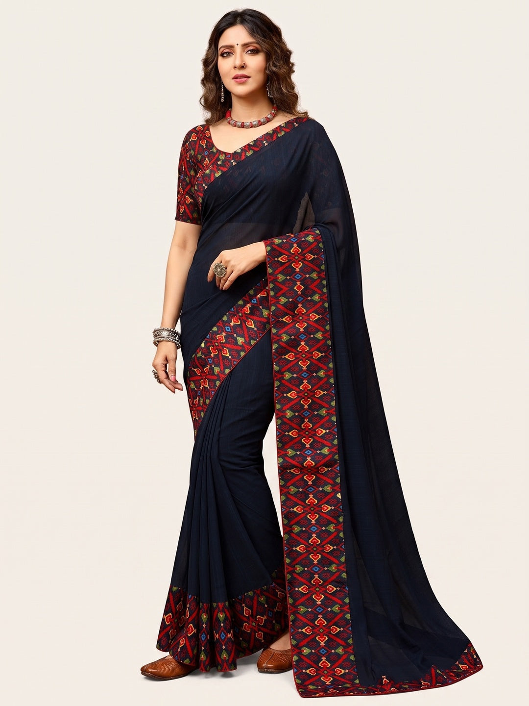 Blue Printed Georgette Saree With Lace Border - Image 2