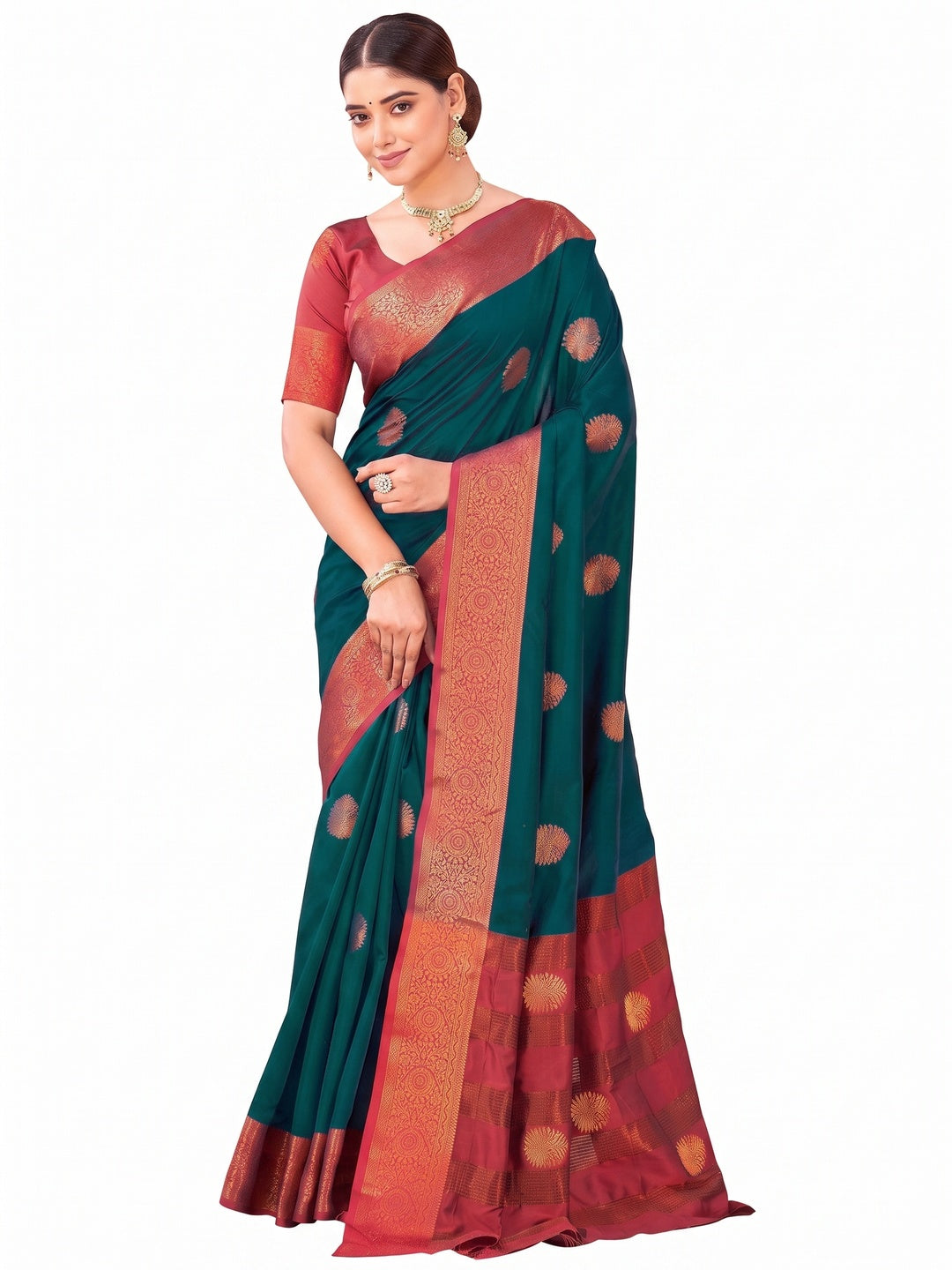 Rama Green Silk Blend Saree Adorned With Zari Woven Floral & Paisley Design - Image 1