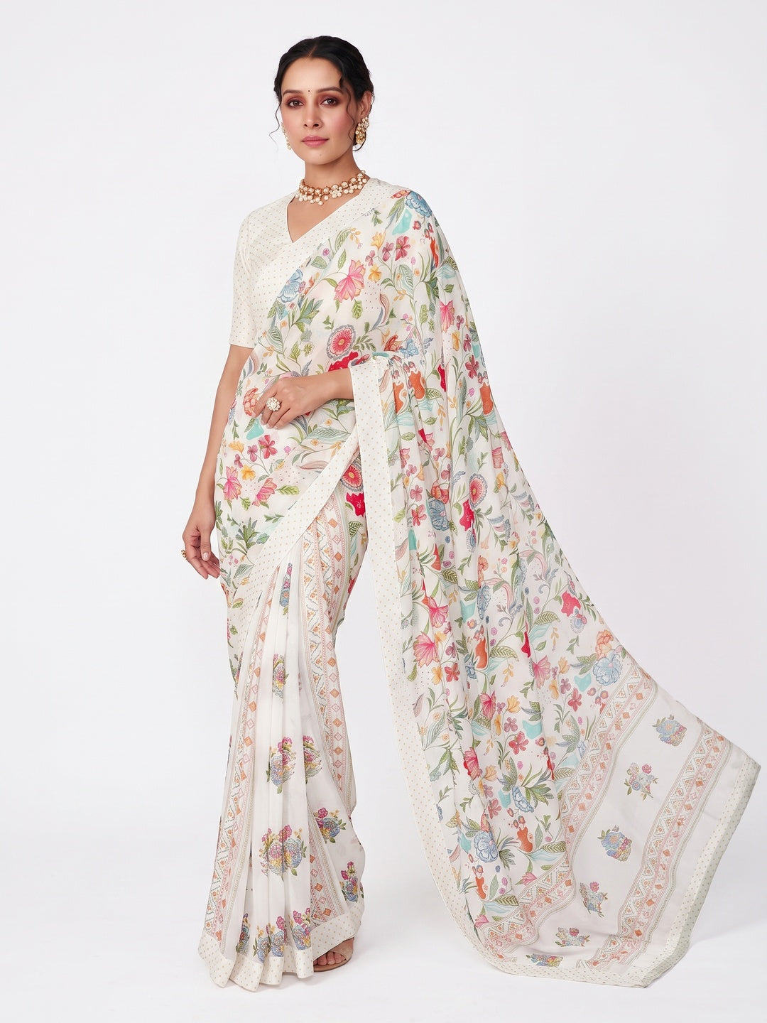 White Floral Printed Chiffon Saree - Image 1