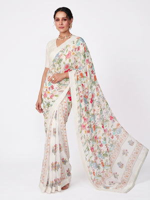 White Floral Printed Chiffon Saree - Image 1