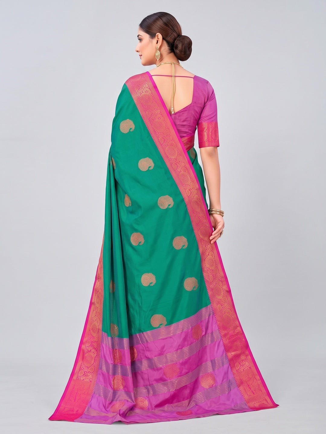 Teal Green Silk Blend Saree Adorned With Zari Woven Floral & Paisley Design - Image 2