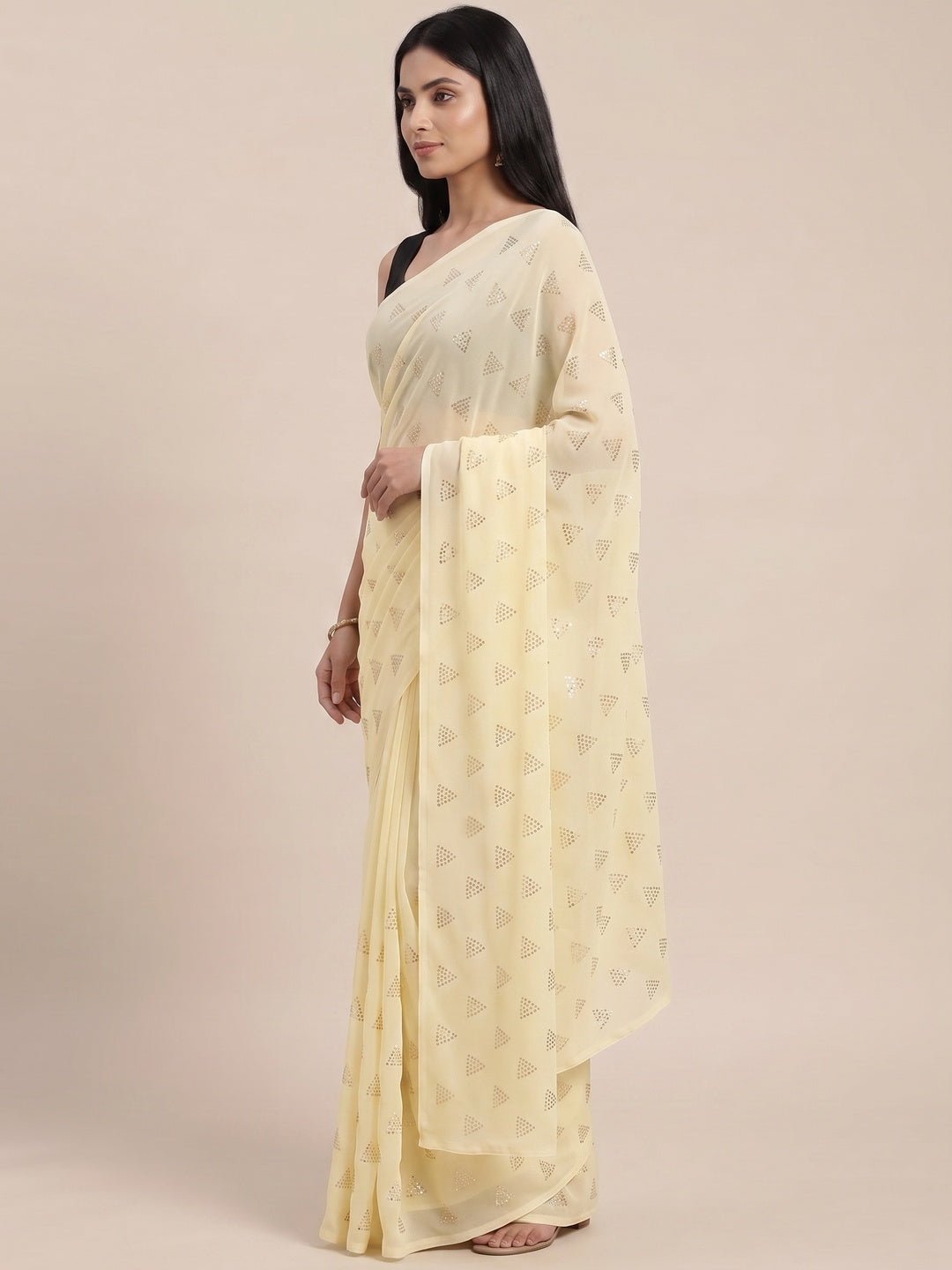 Light Yellow Embellished Work Georgette Saree - Image 7