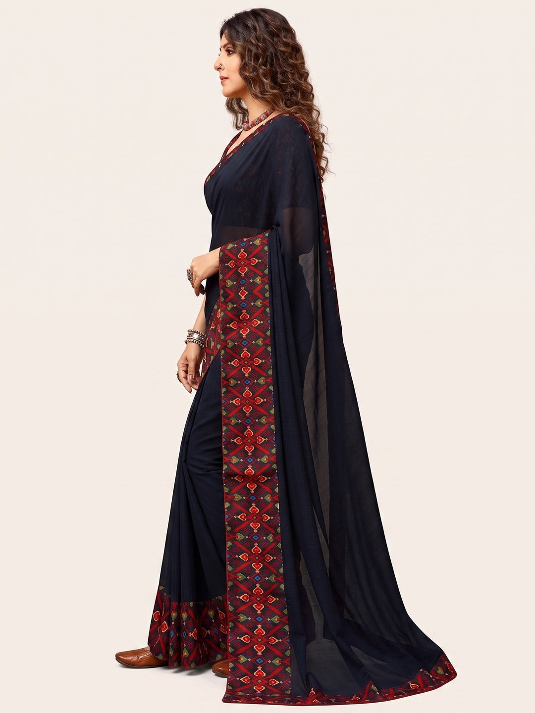 Blue Printed Georgette Saree With Lace Border - Image 4