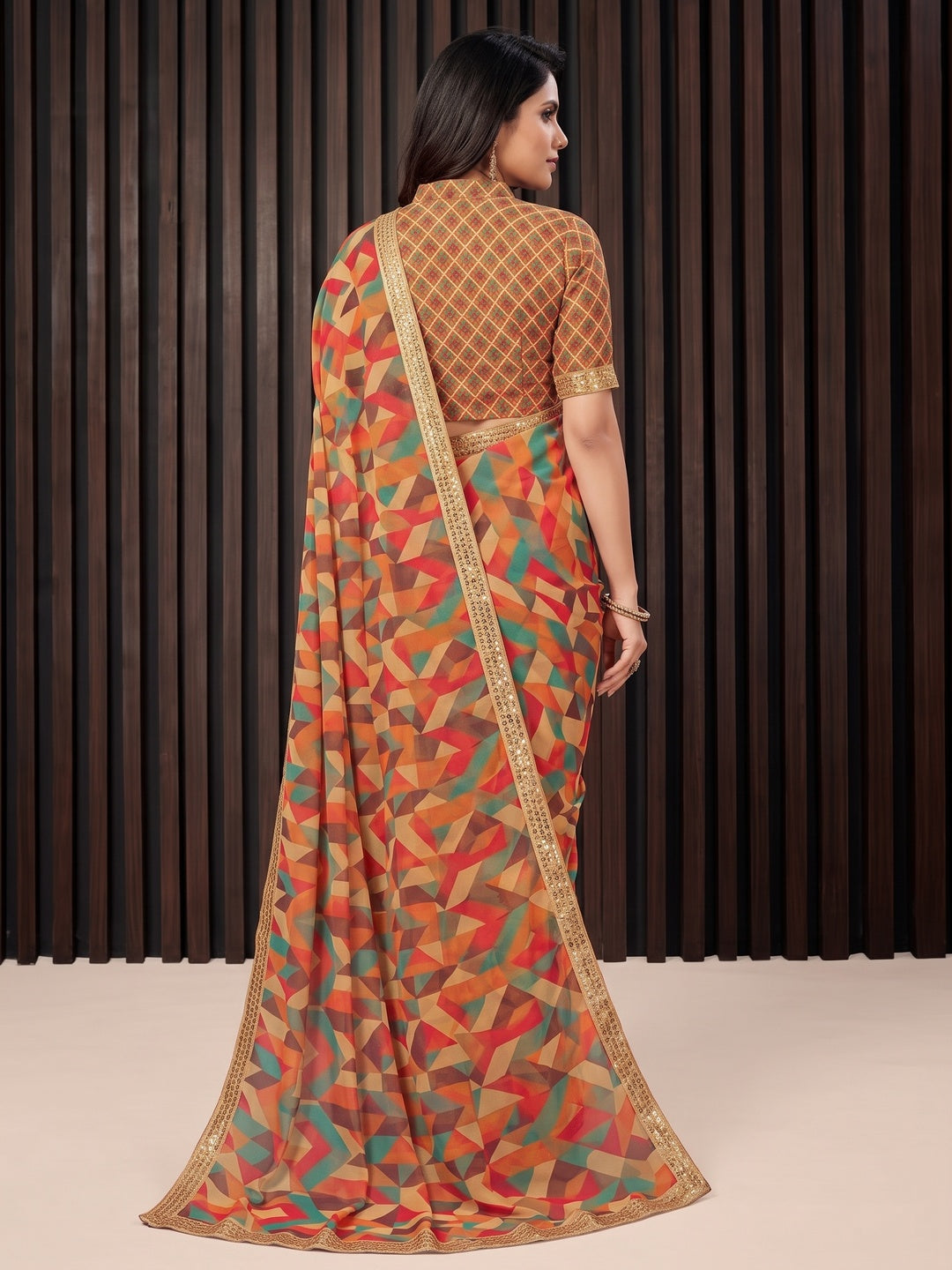 Multicolor Geometric Digital Printed Georgette Saree With Fancy Lace Border - Image 2