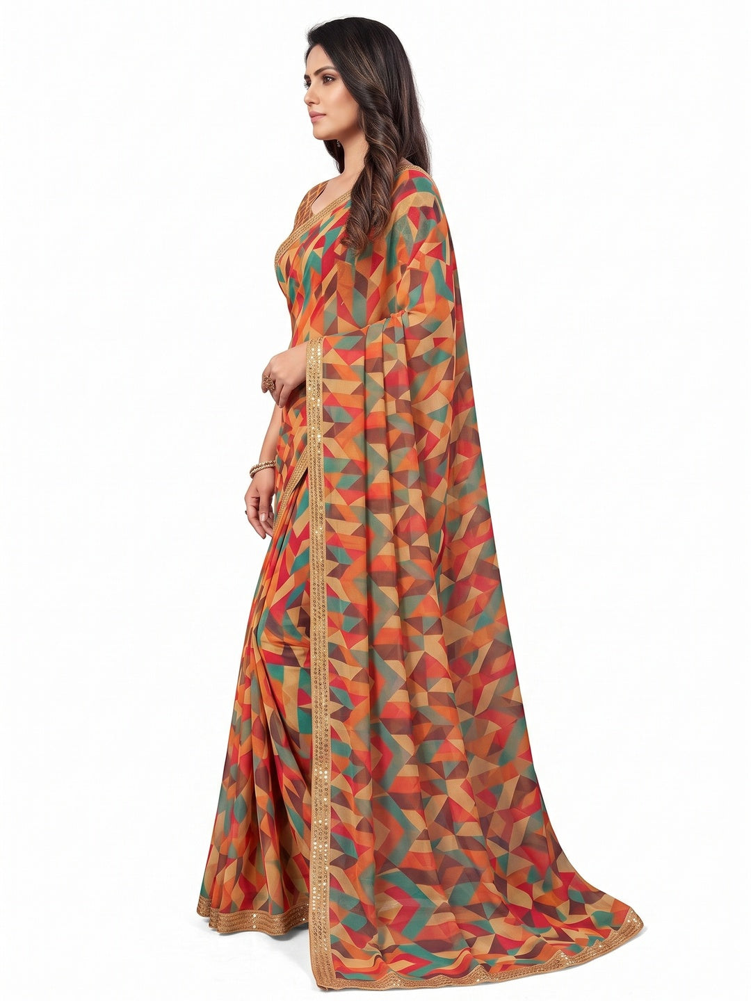 Multicolor Geometric Digital Printed Georgette Saree With Fancy Lace Border - Image 3