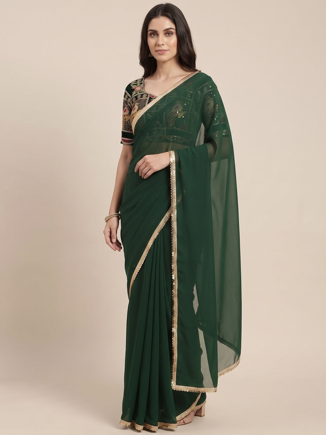 Green Solid Georgette Saree With Sequins Border - Image 5
