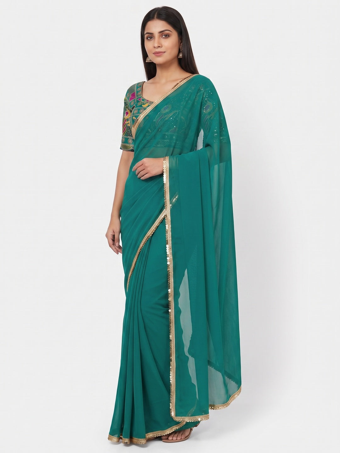 Rama Green Solid Georgette Saree With Sequins Border - Image 5