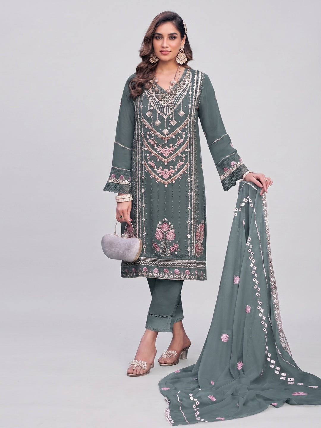 Bluish Grey Embroidered Georgette Semi-Stitched Pakistani Dress Material - Image 3