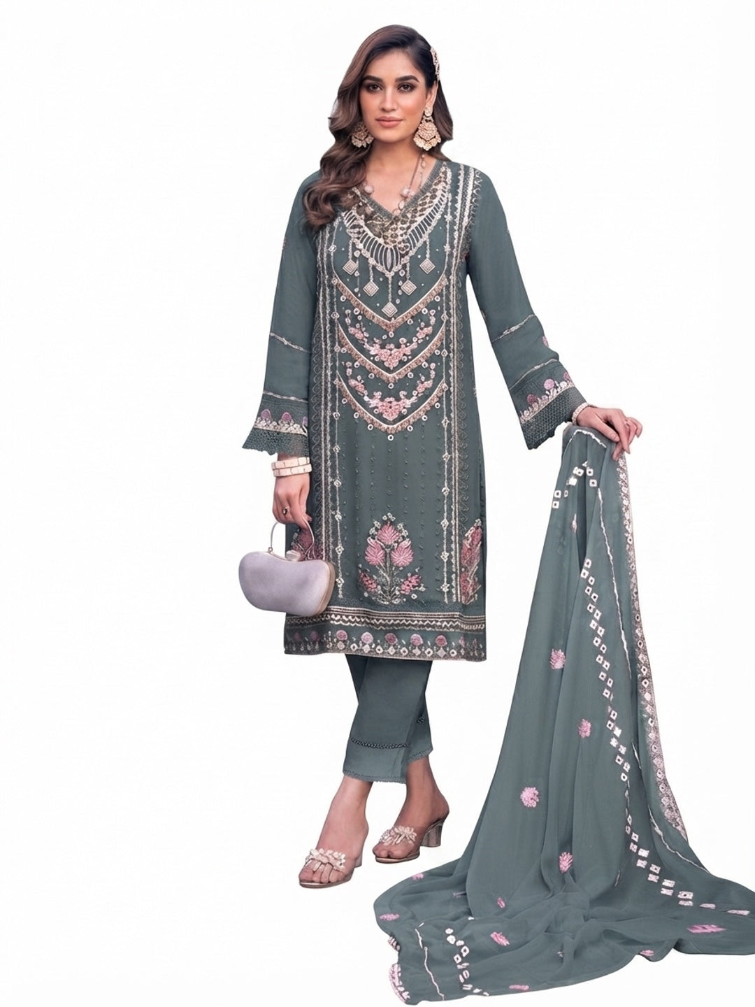 Bluish Grey Embroidered Georgette Semi-Stitched Pakistani Dress Material - Image 1