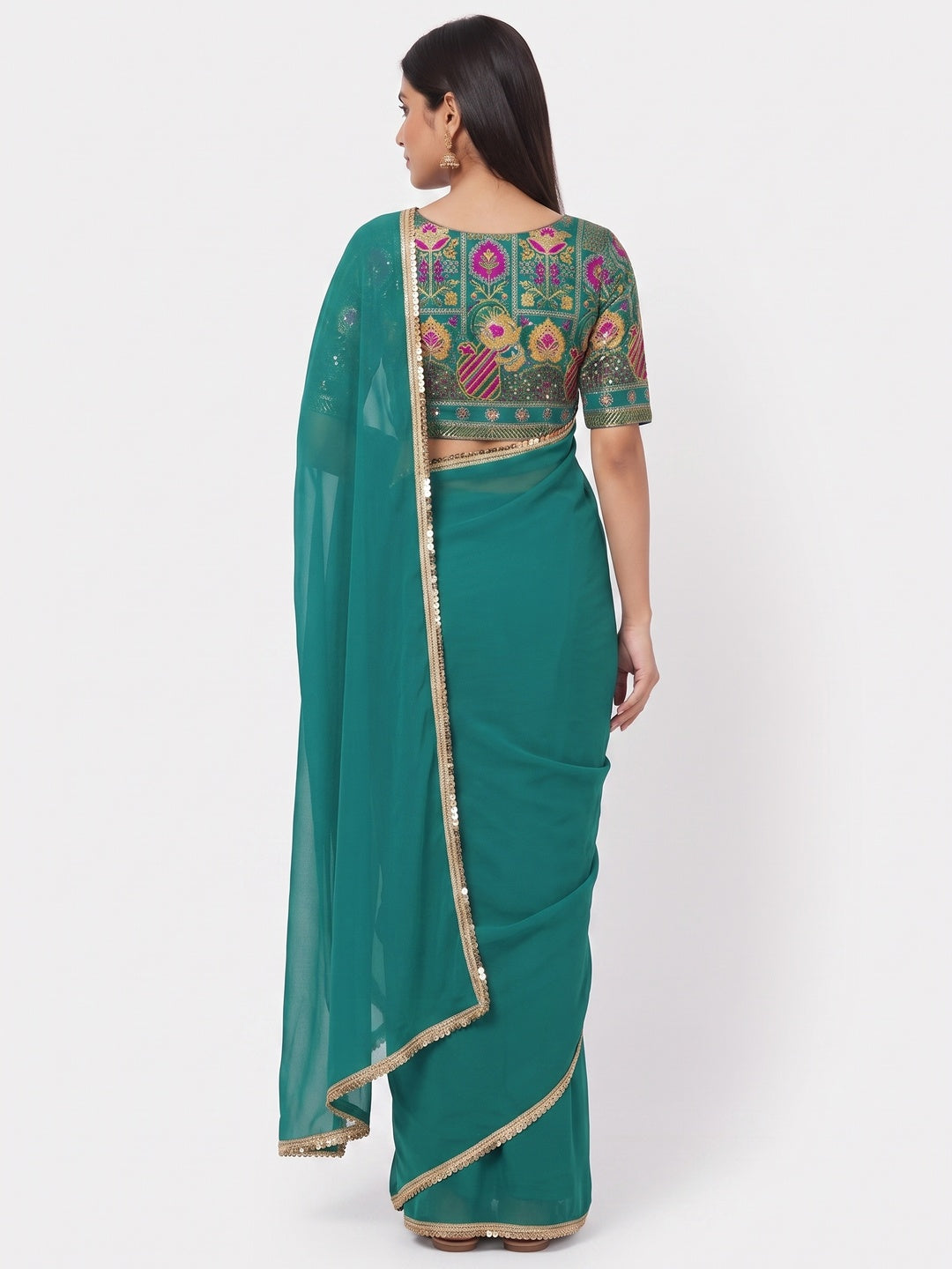 Rama Green Solid Georgette Saree With Sequins Border - Image 6