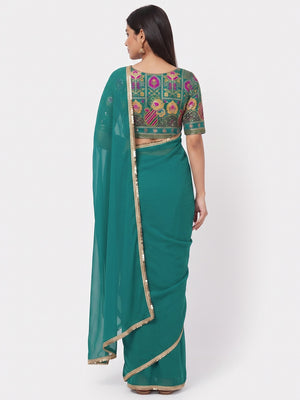 Rama Green Solid Georgette Saree With Sequins Border - Image 6