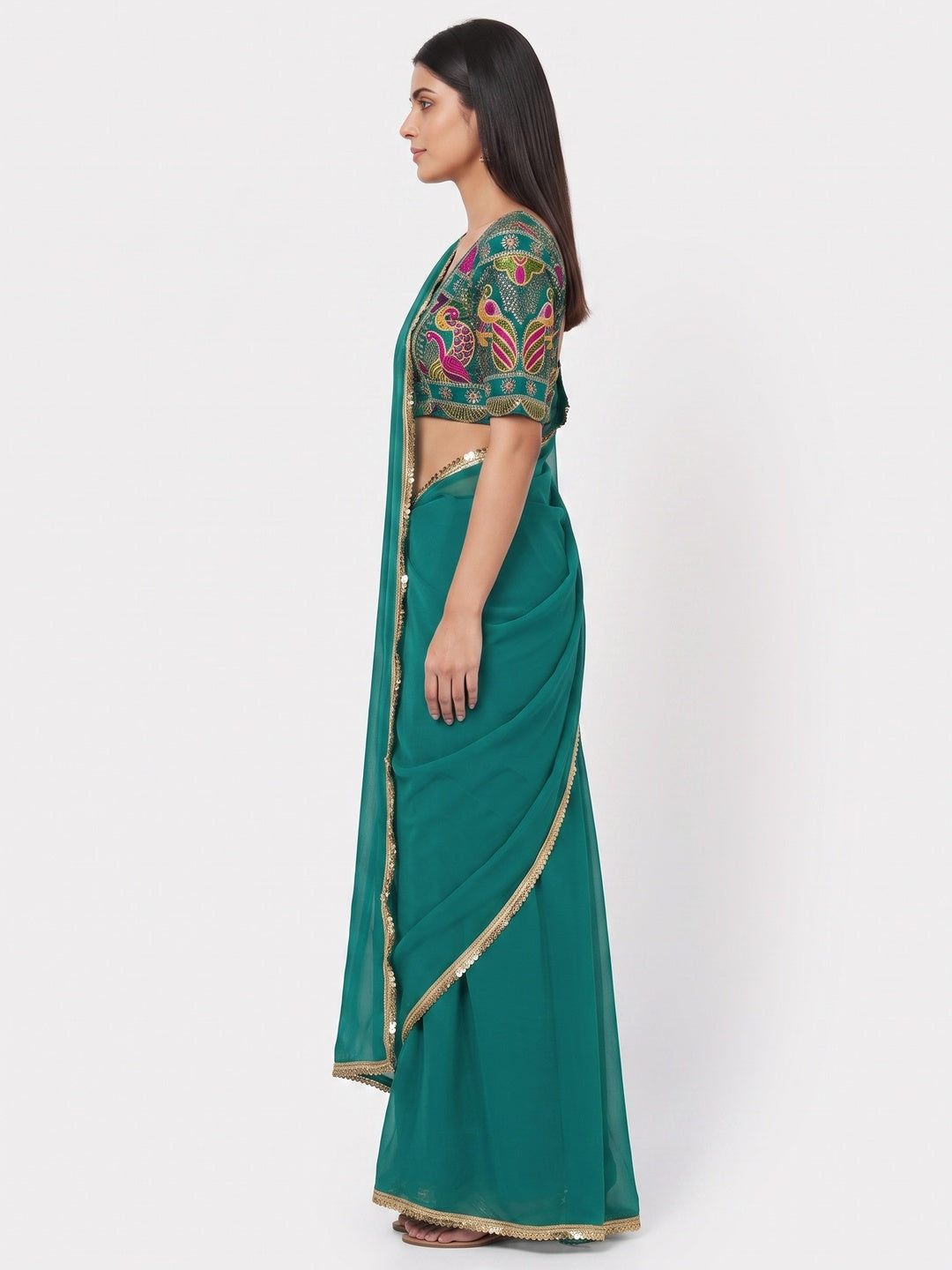 Rama Green Solid Georgette Saree With Sequins Border - Image 7