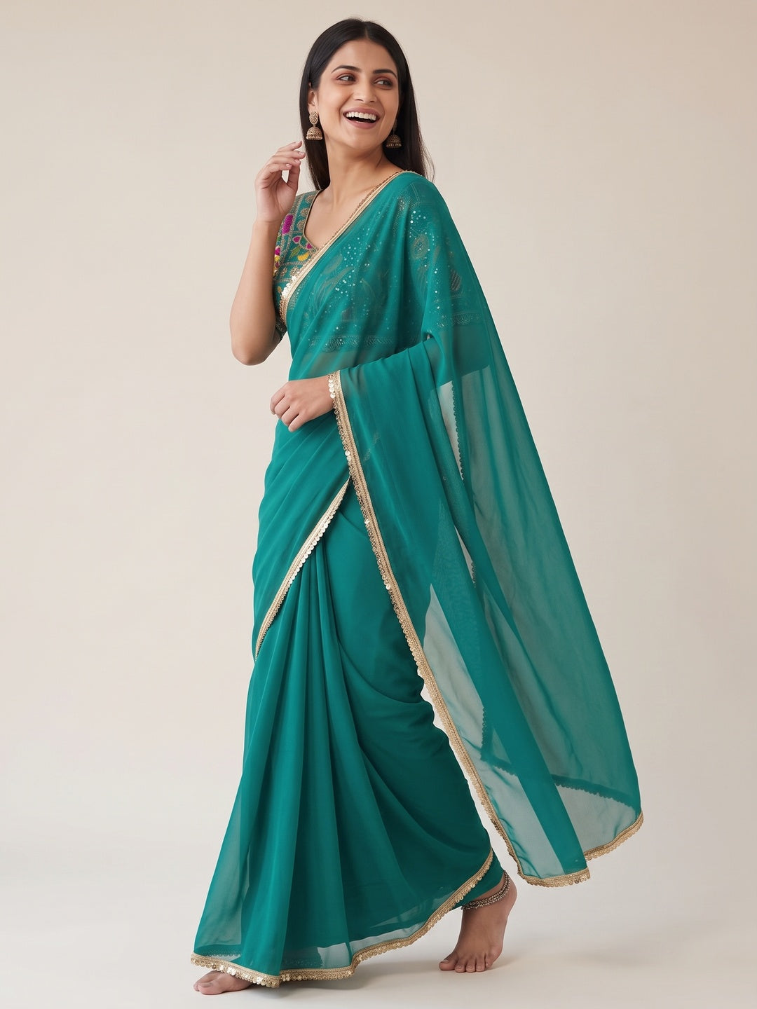 Rama Green Solid Georgette Saree With Sequins Border - Image 8