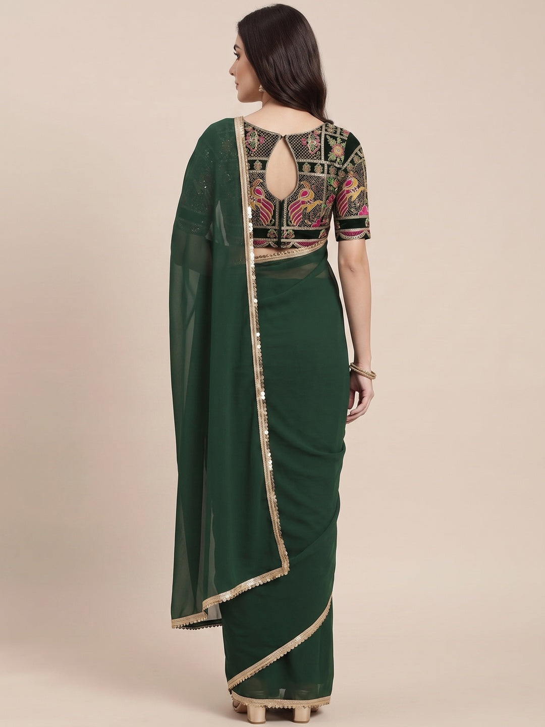 Green Solid Georgette Saree With Sequins Border - Image 6