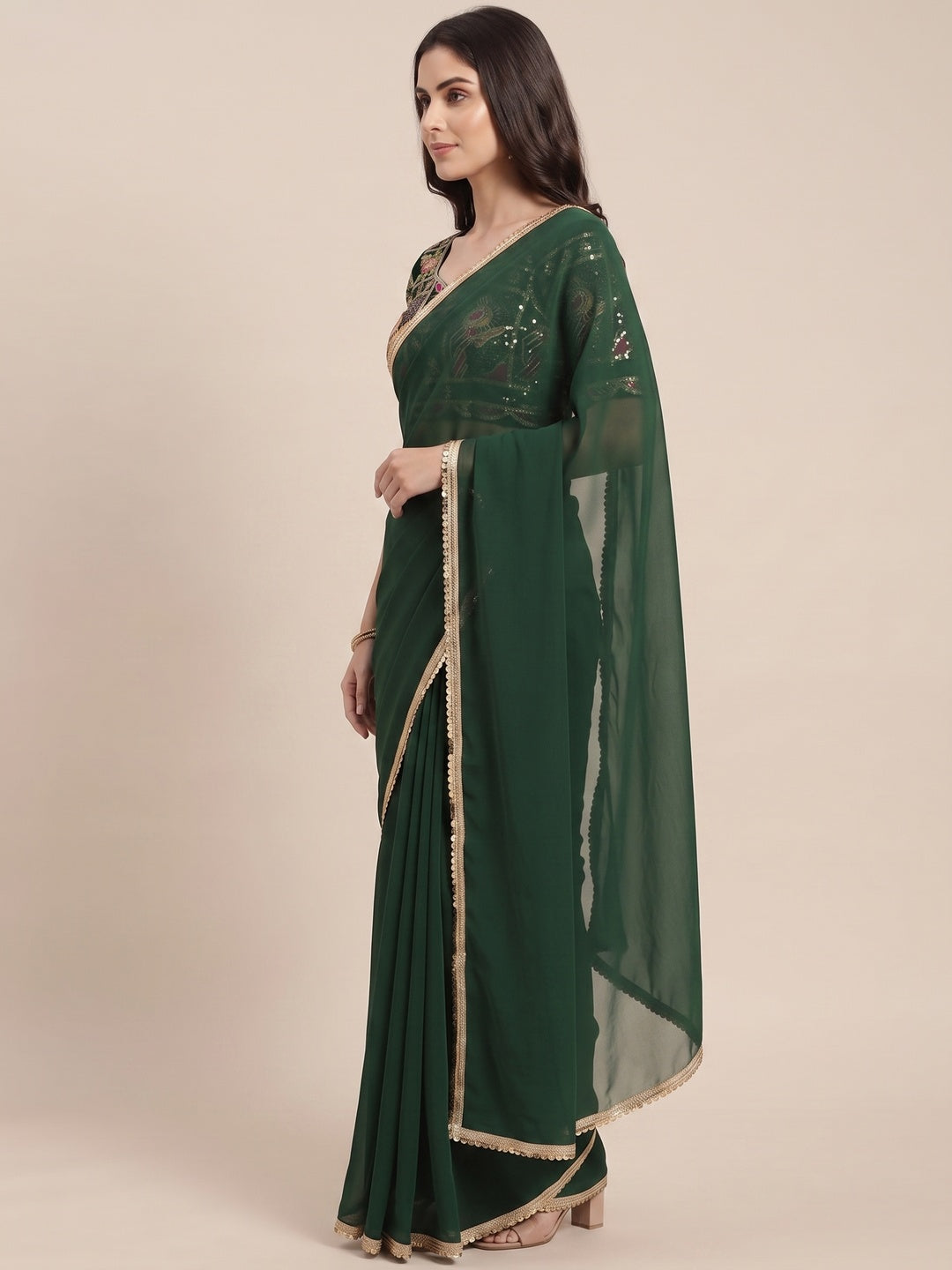 Green Solid Georgette Saree With Sequins Border - Image 7