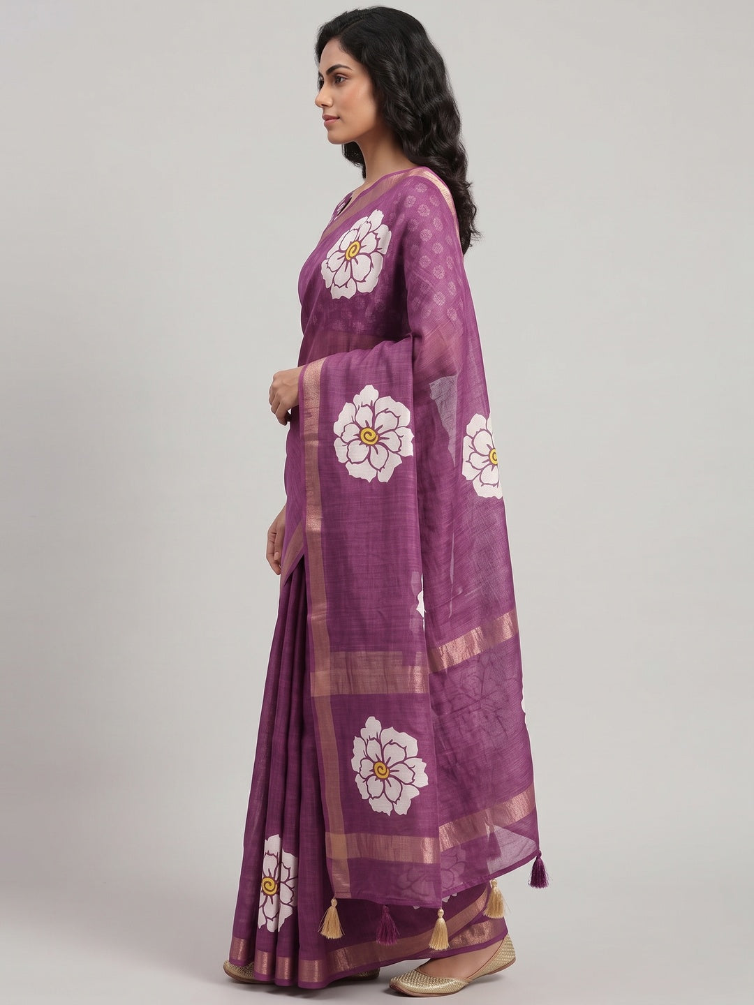 Graceful Purple Floral Printed Saree in Linen Silk with Delicate Tassel Accents - Image 3
