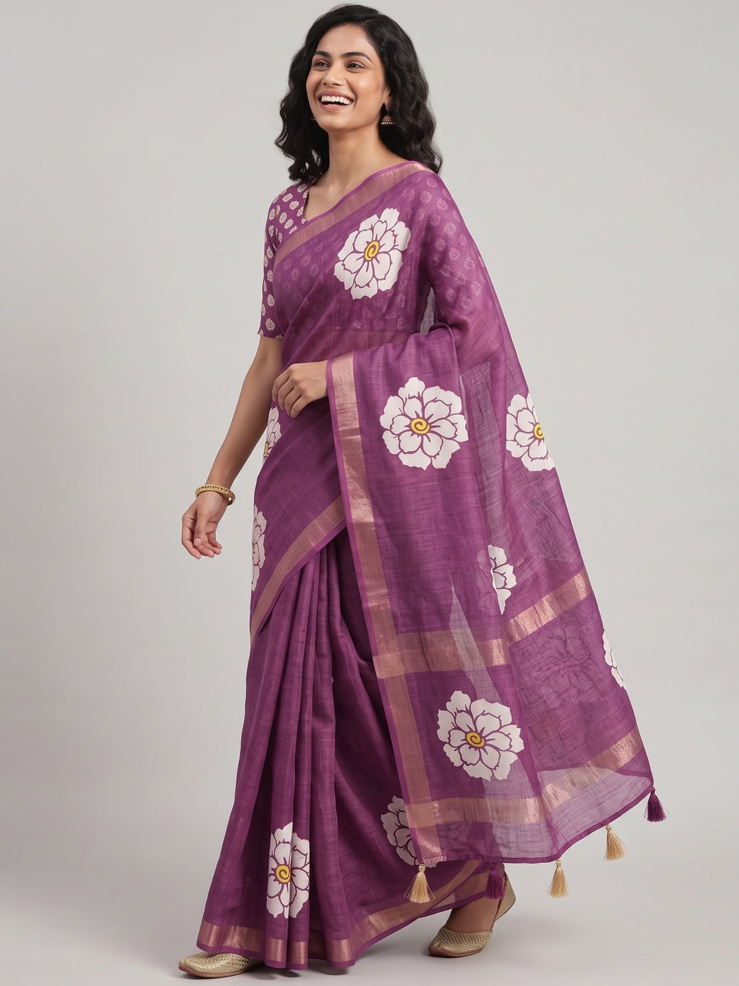 Graceful Purple Floral Printed Saree in Linen Silk with Delicate Tassel Accents - Image 4