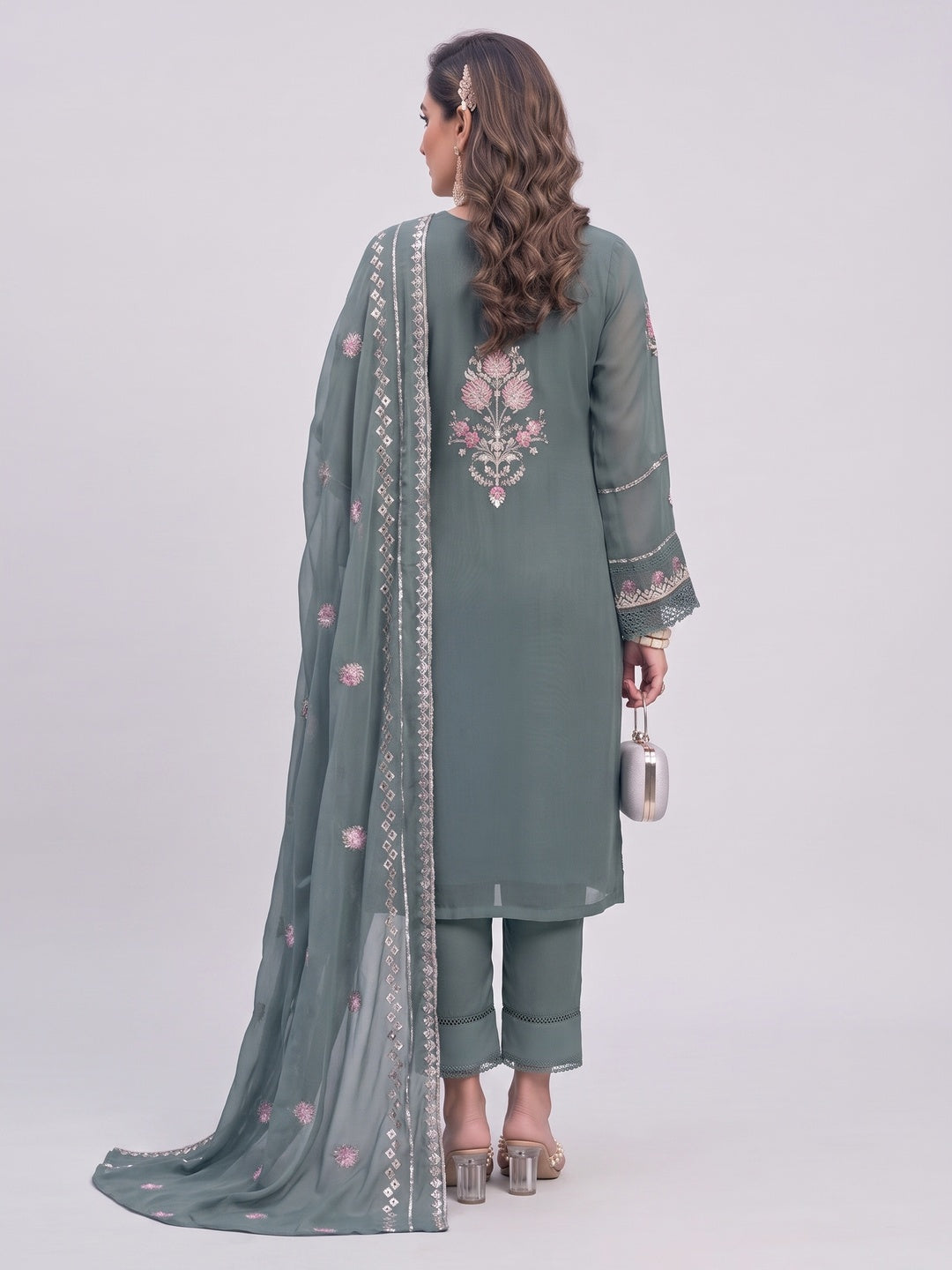 Bluish Grey Embroidered Georgette Semi-Stitched Pakistani Dress Material - Image 4