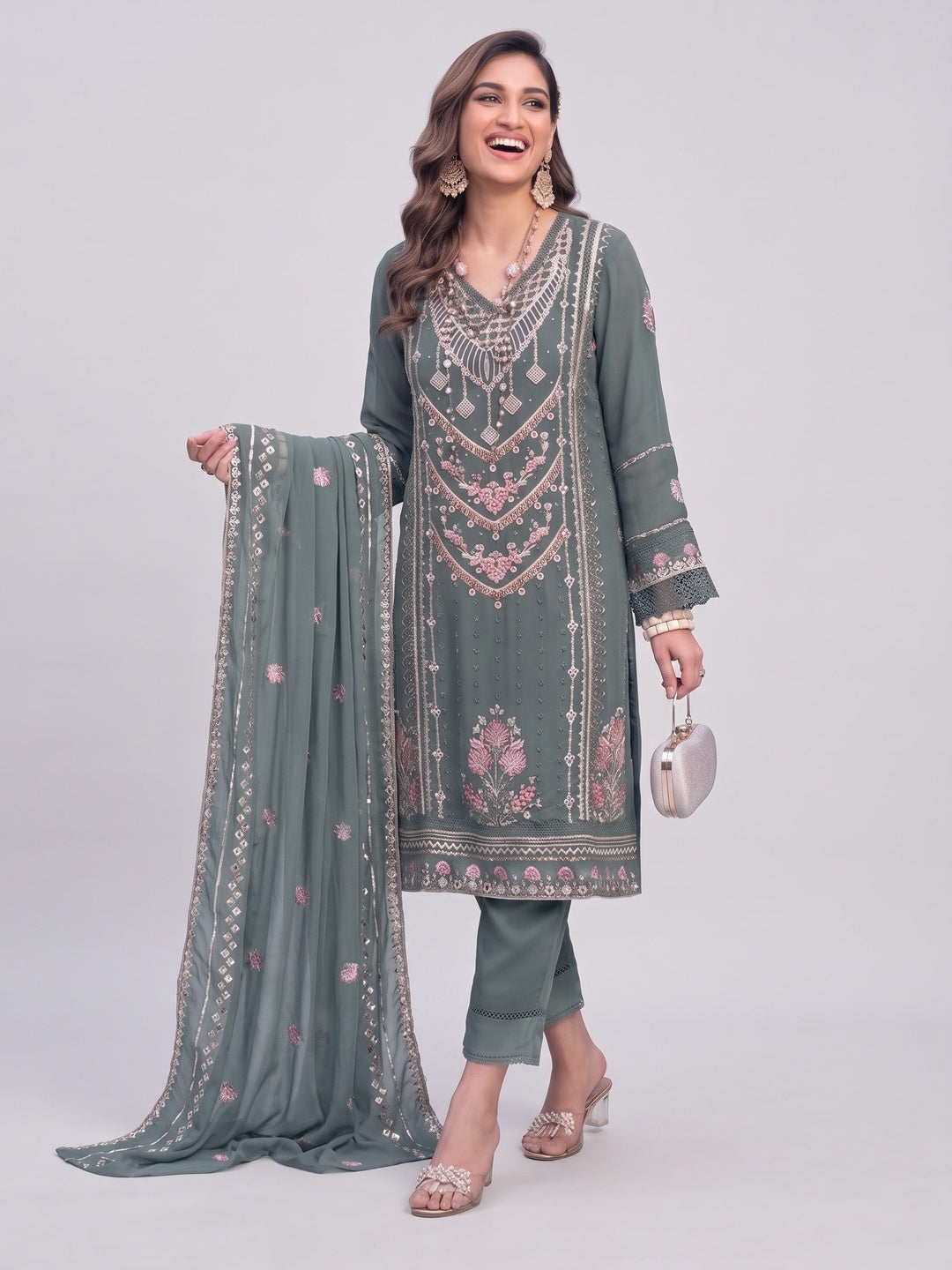 Bluish Grey Embroidered Georgette Semi-Stitched Pakistani Dress Material - Image 6