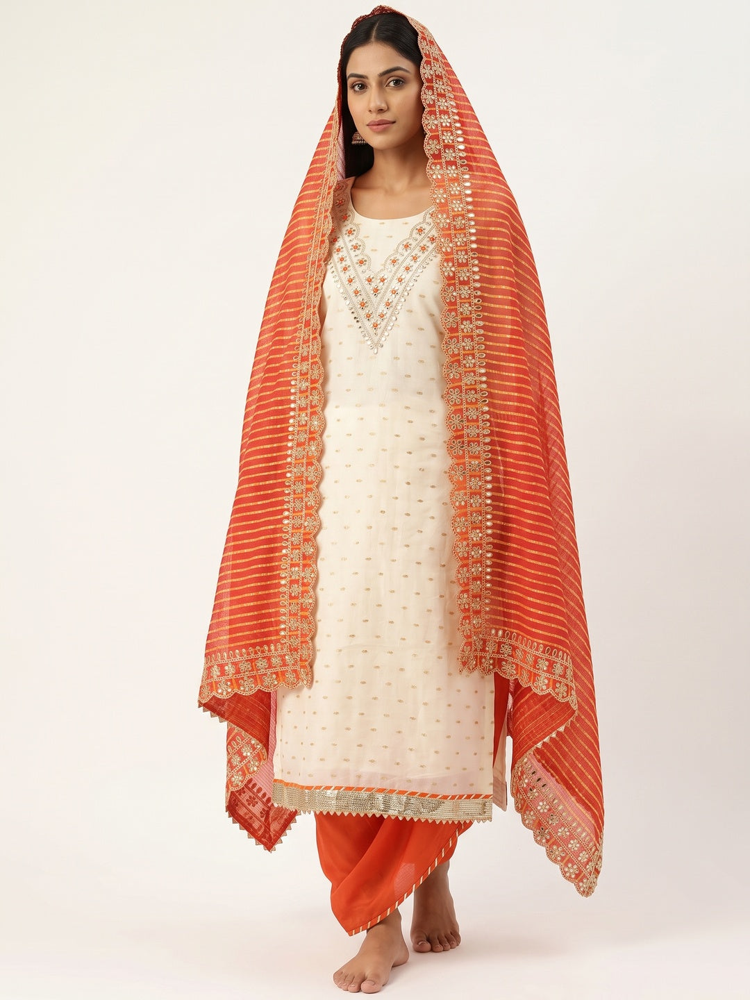 Off White & Orange Embroidered Chanderi Dress Material - Image 1
