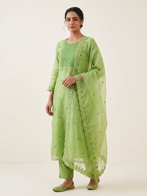 Green Embroidered Organza Dress Material - Image 1