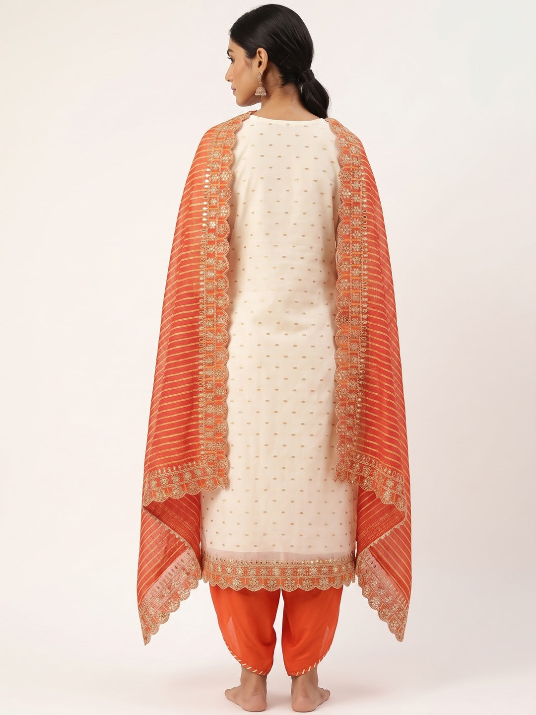 Off White & Orange Embroidered Chanderi Dress Material - Image 2